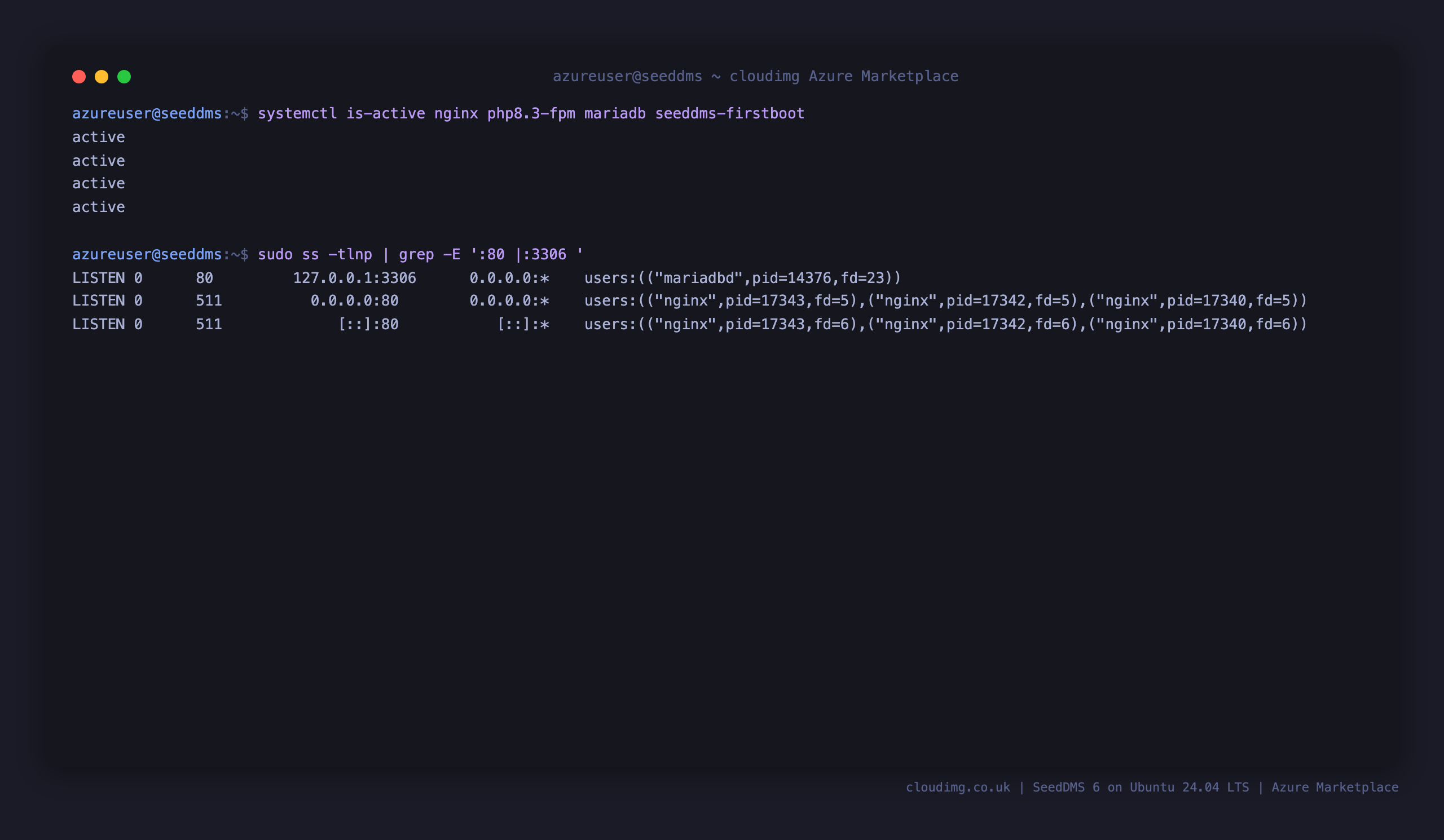 The nginx, php8.3-fpm, mariadb and seeddms-firstboot services active, with nginx on port 80 and MariaDB bound to loopback 127.0.0.1:3306