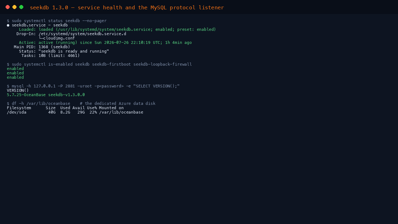 seekdb service health and the MySQL protocol listener