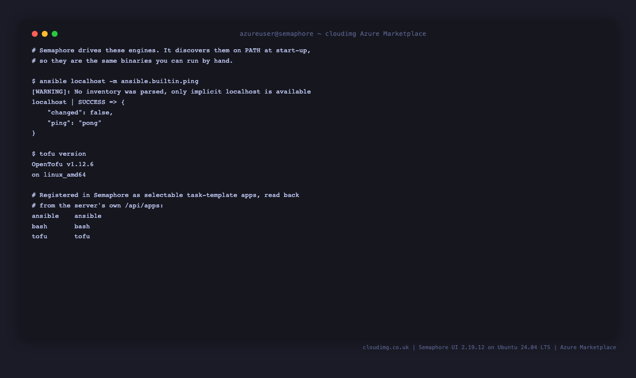 The Ansible and OpenTofu engines, and the apps Semaphore registered