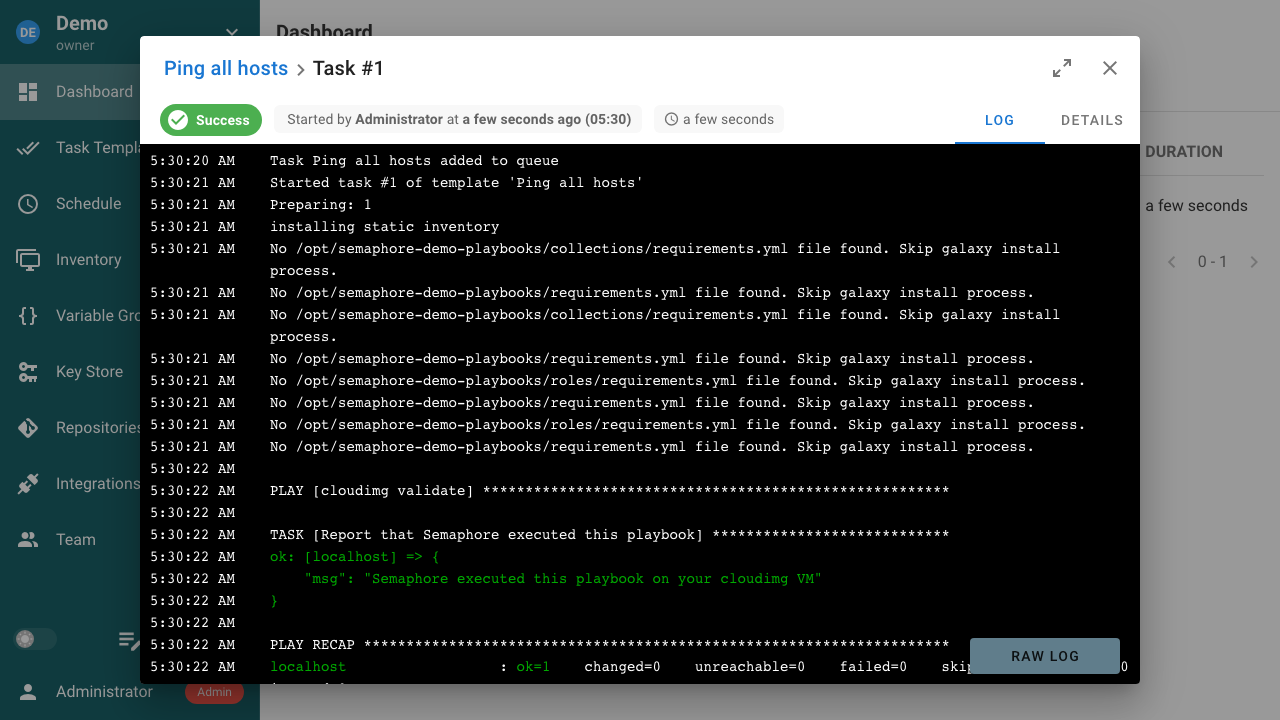 A completed task showing the playbook's real output and Ansible's PLAY RECAP
