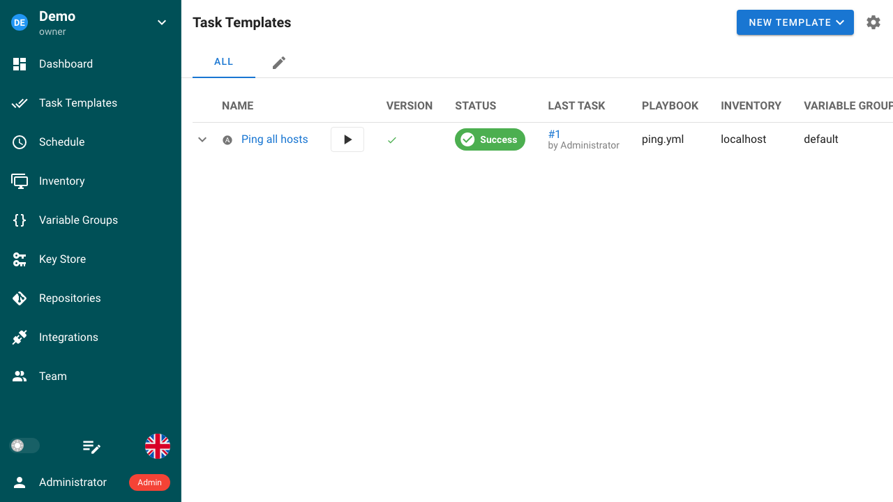 A task template, showing its playbook, inventory and variable group