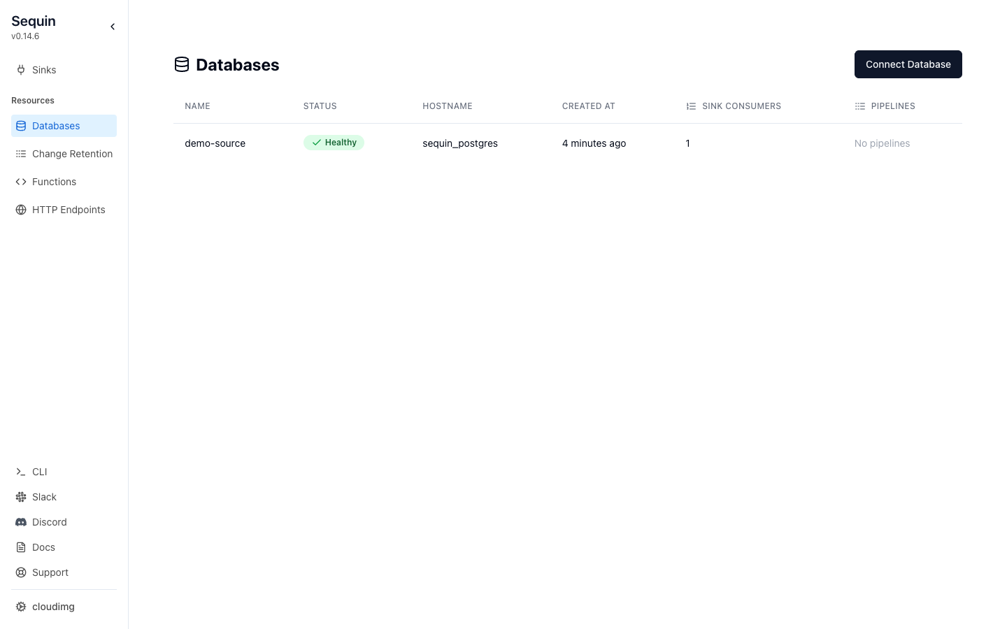 The Databases view showing the connected source database