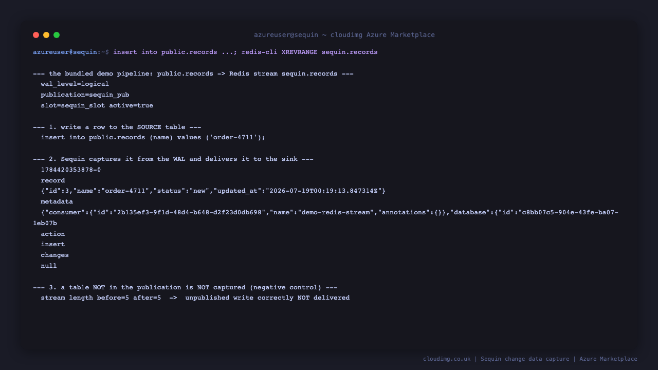 Terminal output showing wal_level logical, the sequin_pub publication and an active sequin_slot replication slot, an insert into public.records, the captured change event delivered into the Redis stream with its record, action and metadata, and the negative control showing the stream length unchanged after writing to an unpublished table