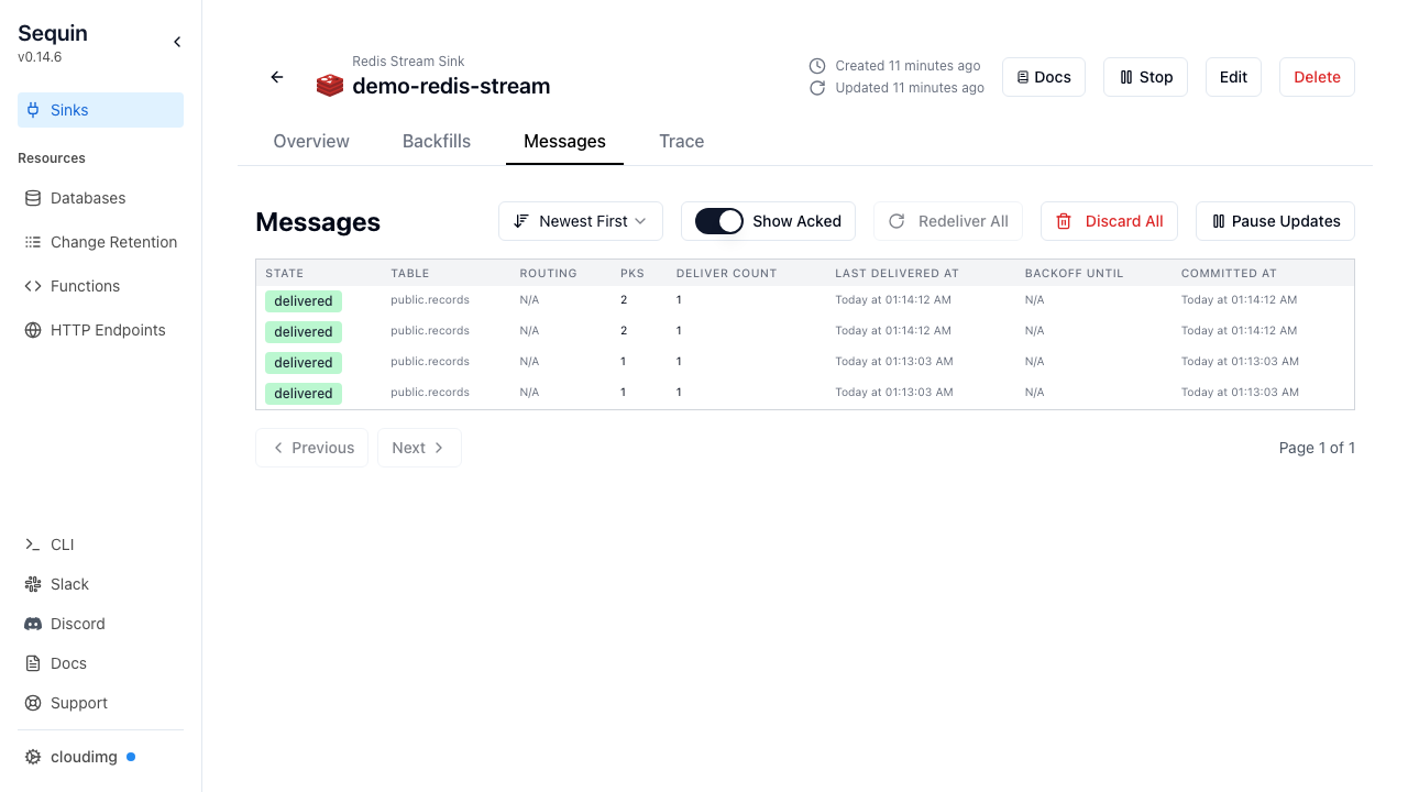 The Sequin console Messages tab for the demo-redis-stream sink, listing the change events that have been captured from public.records and delivered to the Redis stream