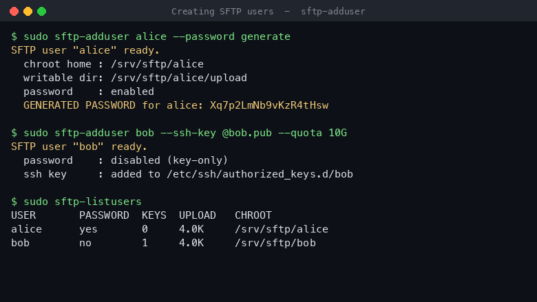 Creating password based and SSH key based SFTP users with the sftp-adduser tool, then listing them with sftp-listusers