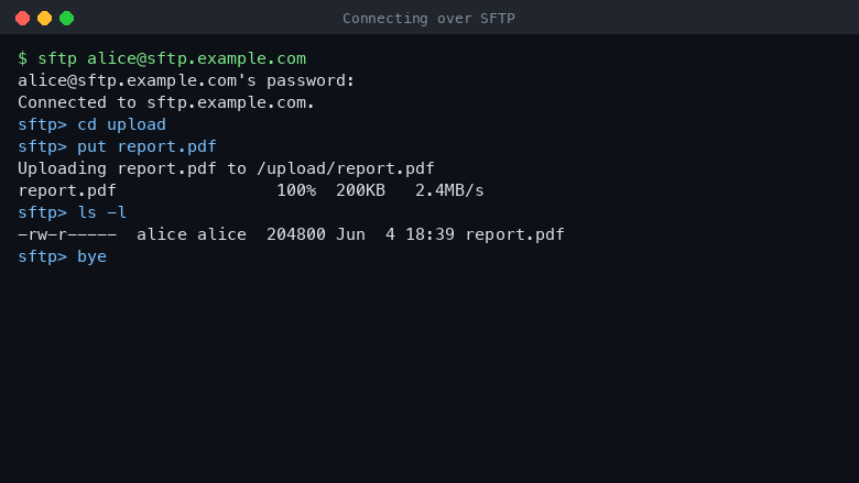 Connecting as an SFTP user and uploading a file into the user writable upload directory