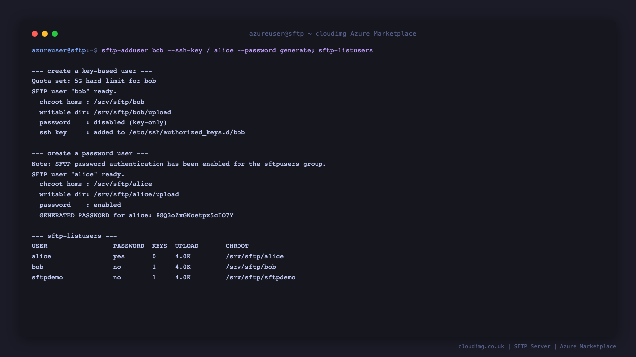 Creating password based and SSH key based SFTP users with the sftp-adduser tool, then listing them with sftp-listusers