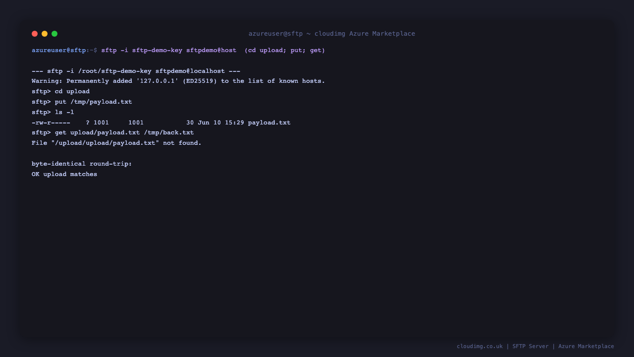 Connecting as an SFTP user and uploading a file into the user writable upload directory