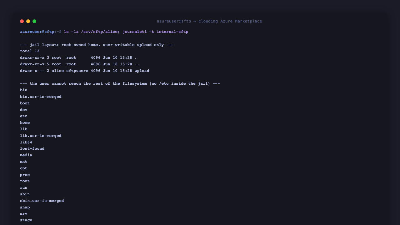 An SFTP user is confined to their home directory: the session root shows only the upload directory and attempts to read system files or change to other directories fail