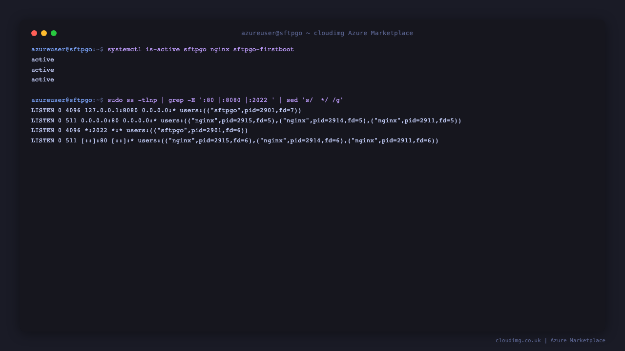 The sftpgo, nginx and sftpgo-firstboot services active, with nginx on port 80, the SFTP service on 2022 and the SFTPGo HTTP server bound to loopback 127.0.0.1:8080
