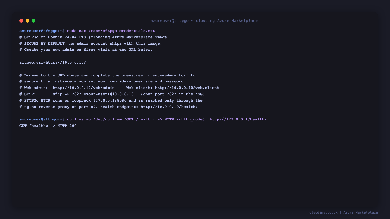 The SFTPGo instance info note showing the site URL and the create-admin instruction, with the health endpoint returning HTTP 200 - no default password ships