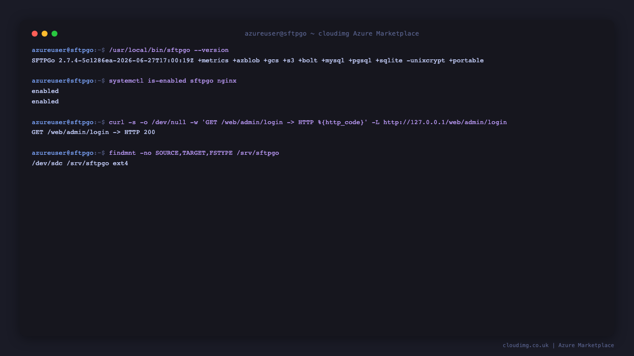 The SFTPGo 2.7.4 version, the enabled sftpgo and nginx units, the web admin returning HTTP 200 through nginx, and the dedicated ext4 data disk mount