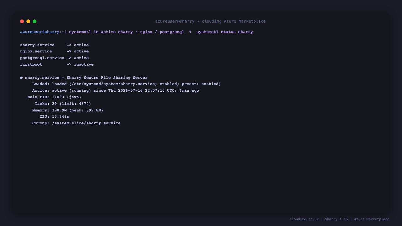 Sharry, nginx and PostgreSQL services active, first boot complete, and systemctl status showing the Sharry Secure File Sharing Server running