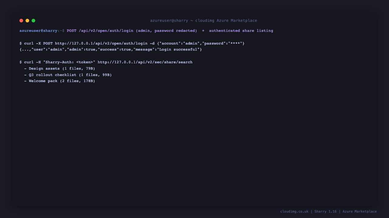 Authenticated Sharry HTTP API round trip: a login POST for the admin account with the password redacted returning success, then an authenticated share listing returning the created shares