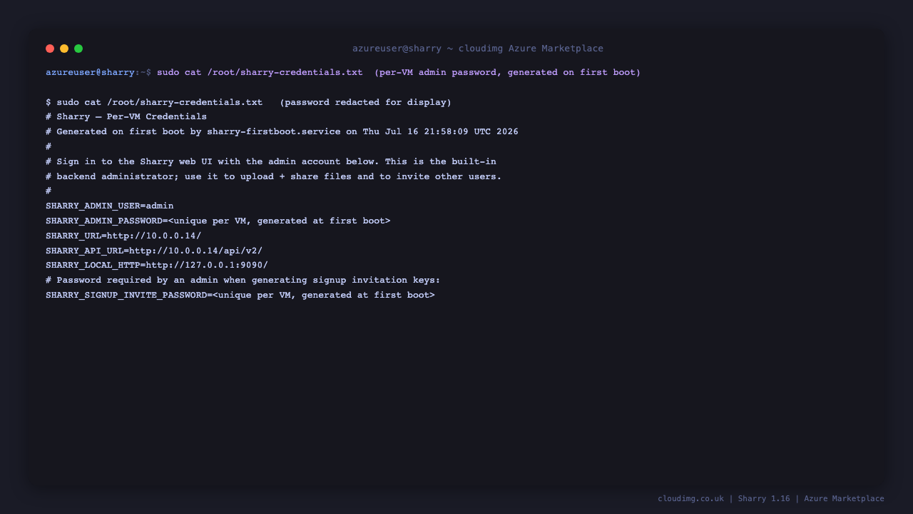The per VM Sharry credentials file at /root/sharry-credentials.txt (mode 0600 root), the admin password and invite password redacted, showing the admin user and the web UI and HTTP API endpoint URLs