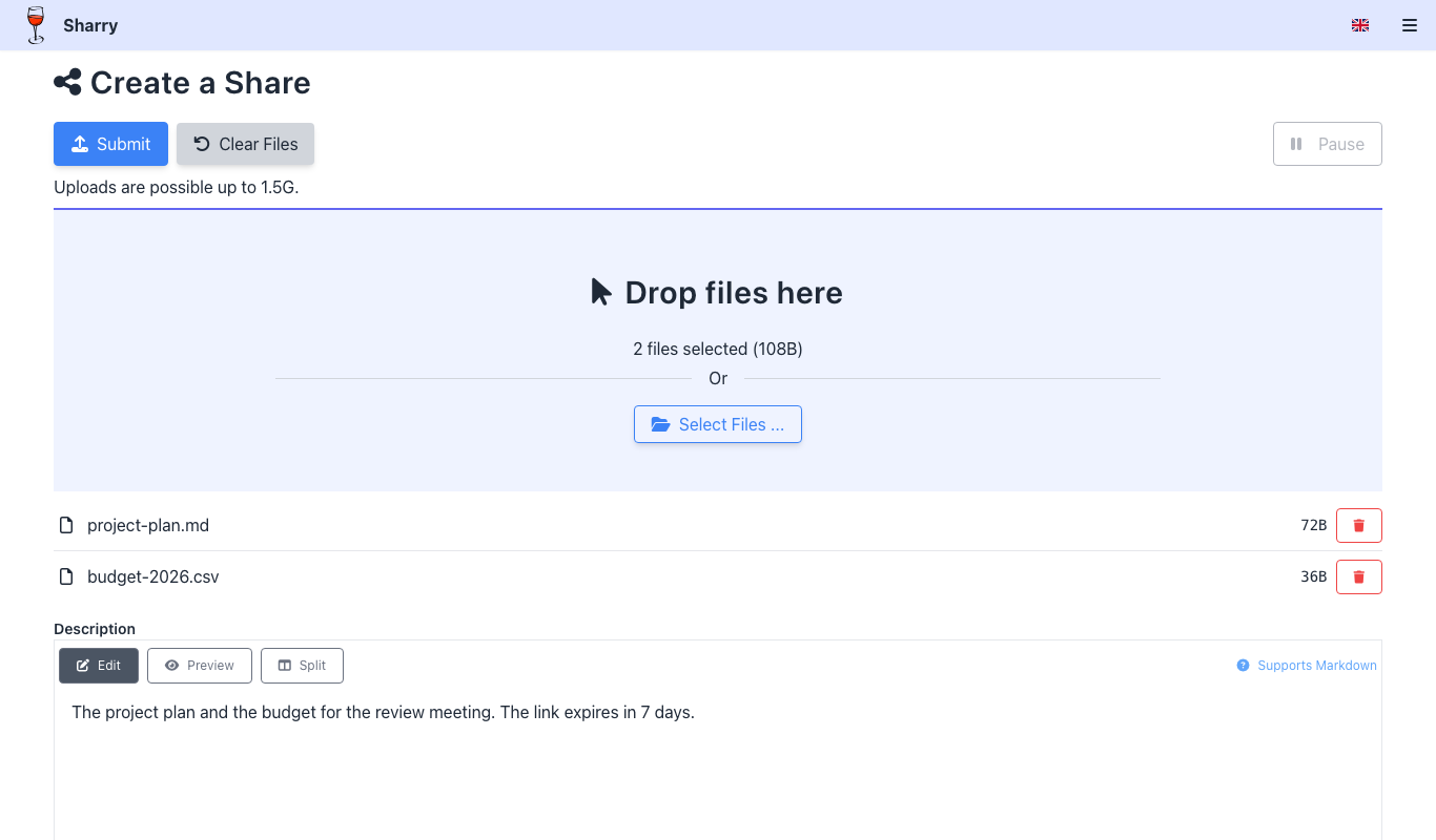 Two files, a description and a name in the Create a Share form