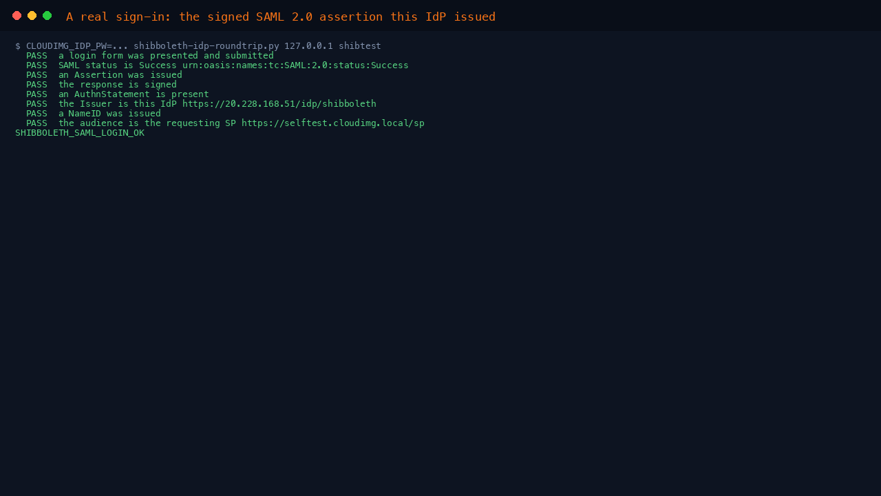 A real sign-in: the signed SAML 2.0 assertion this IdP issued