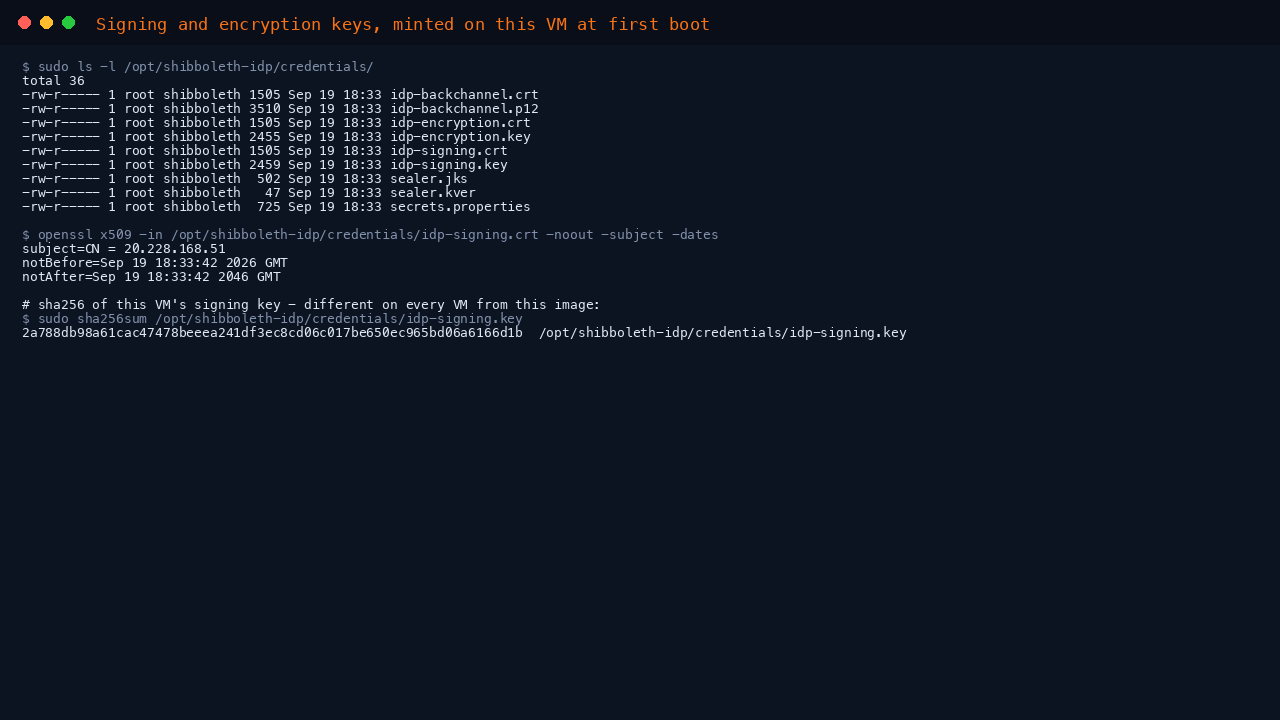 Signing and encryption keys, minted on this VM at first boot