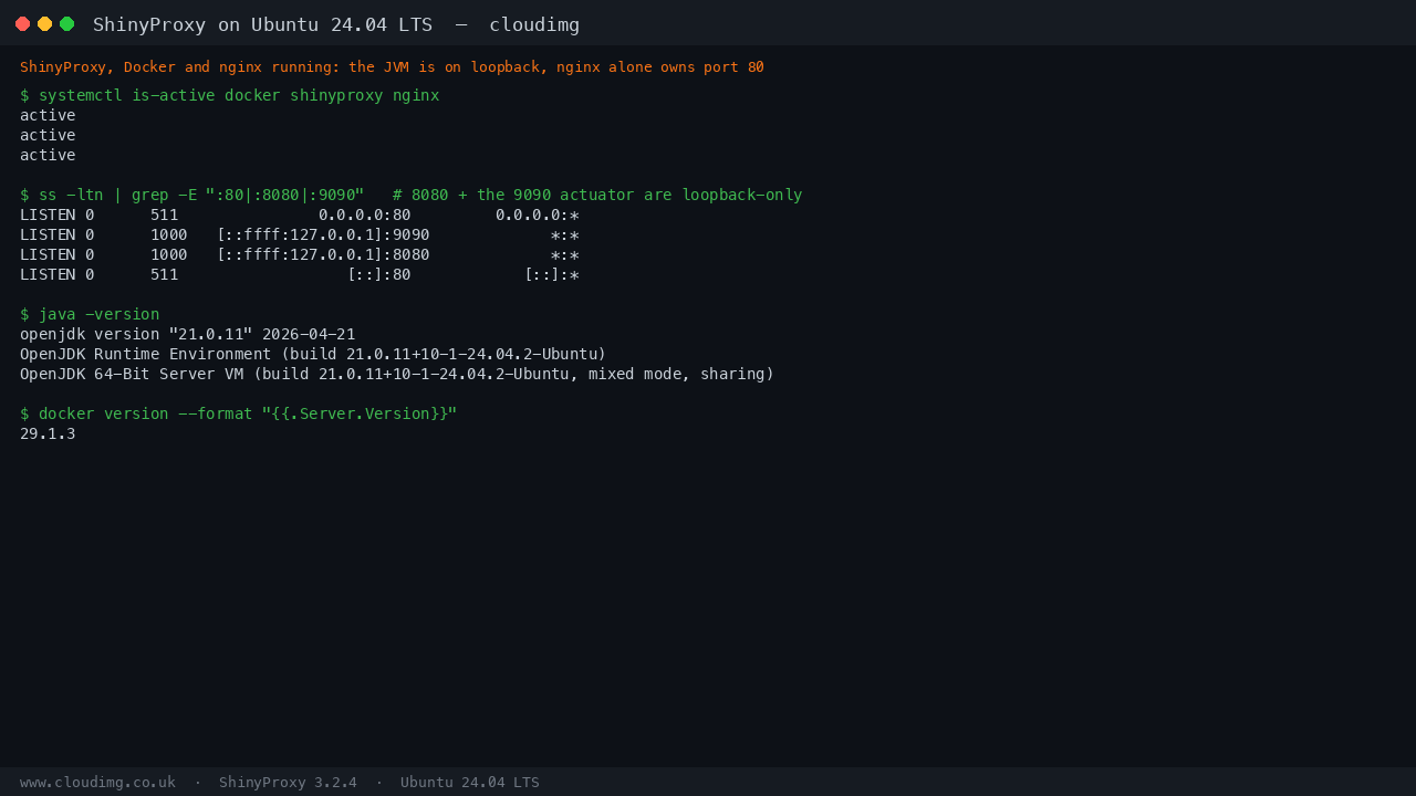 The docker, shinyproxy and nginx units reporting active, OpenJDK 21 and the Docker server version, and the listening sockets showing ShinyProxy on 127.0.0.1:8080 and its actuator on 127.0.0.1:9090 with only nginx on port 80