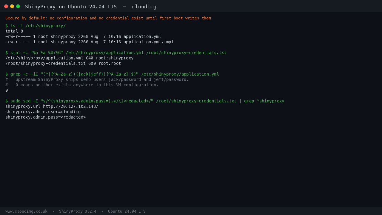 The per VM credentials file with the administrator password redacted, the configuration template and rendered configuration at mode 640 owned by root and the shinyproxy service account, and a zero count for the upstream jack and jeff demo users