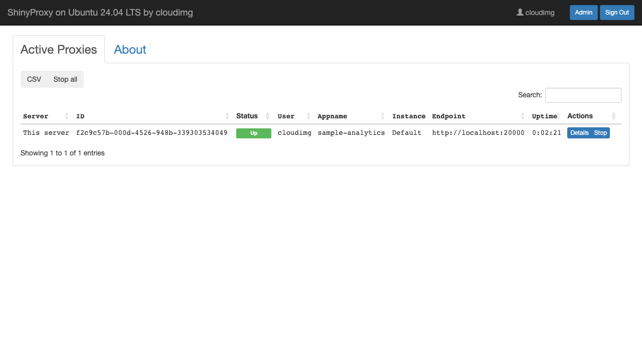 The ShinyProxy Admin view listing one active proxy in the Up state, owned by the per VM administrator, running the sample analytics app against a loopback endpoint, with Details and Stop actions