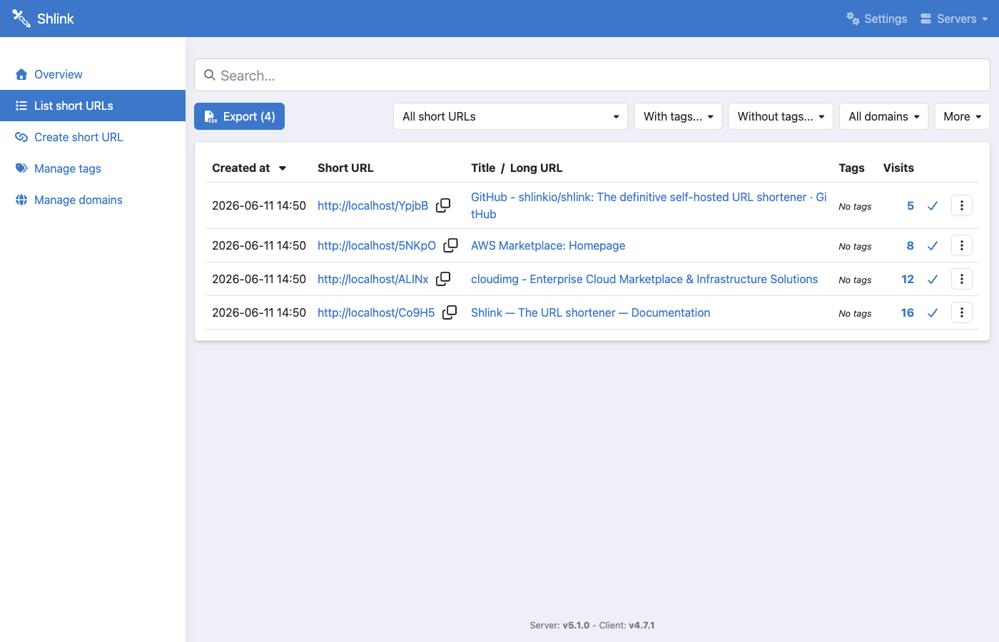 Shlink short URLs list