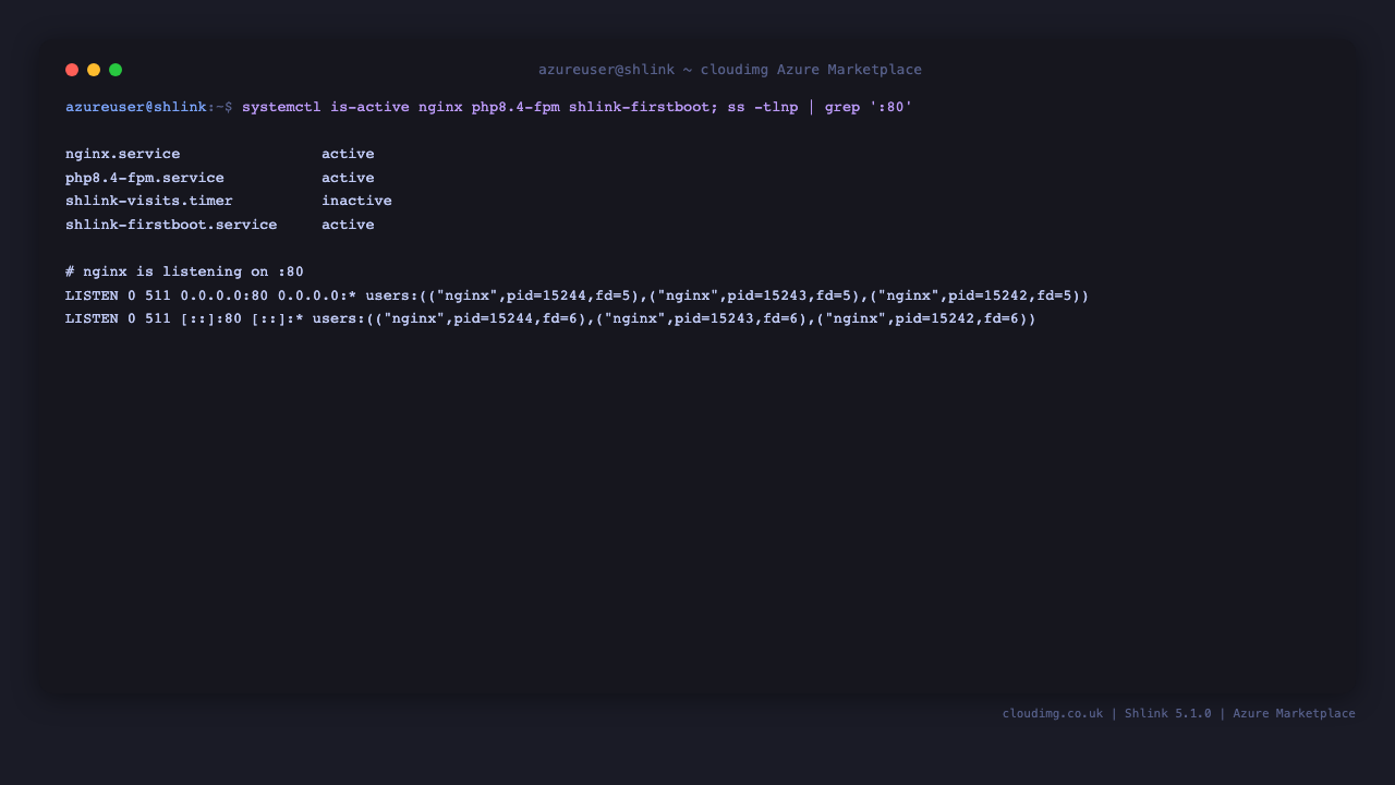 The nginx and php8.4-fpm services active, with nginx listening on port 80