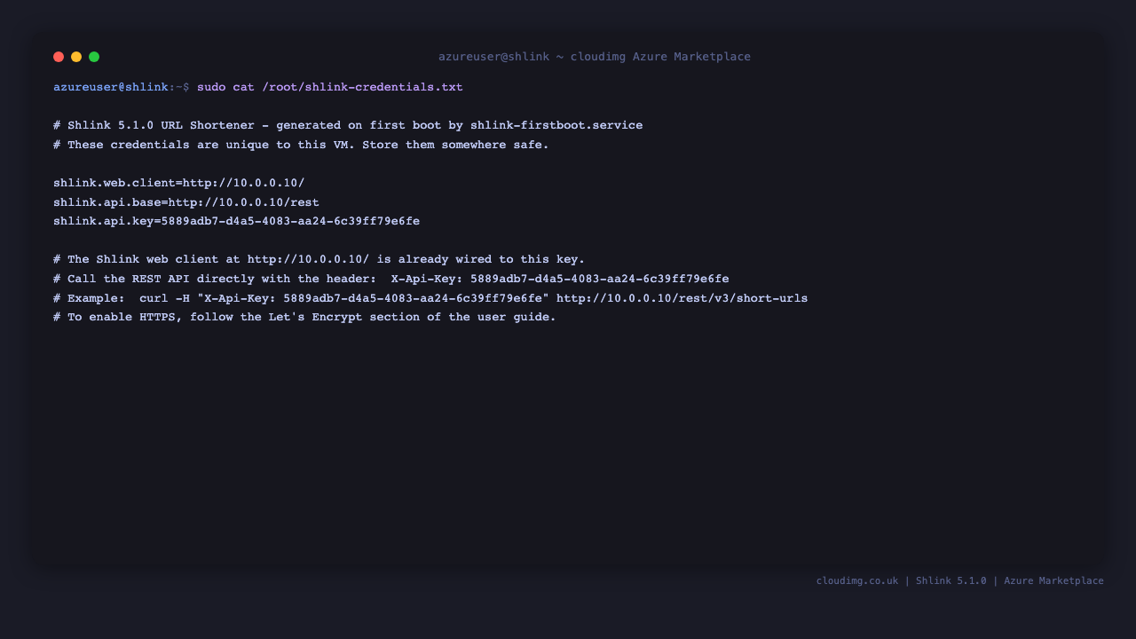 The per VM Shlink credentials file, showing the web client URL, the REST API base URL and the generated administrator API key