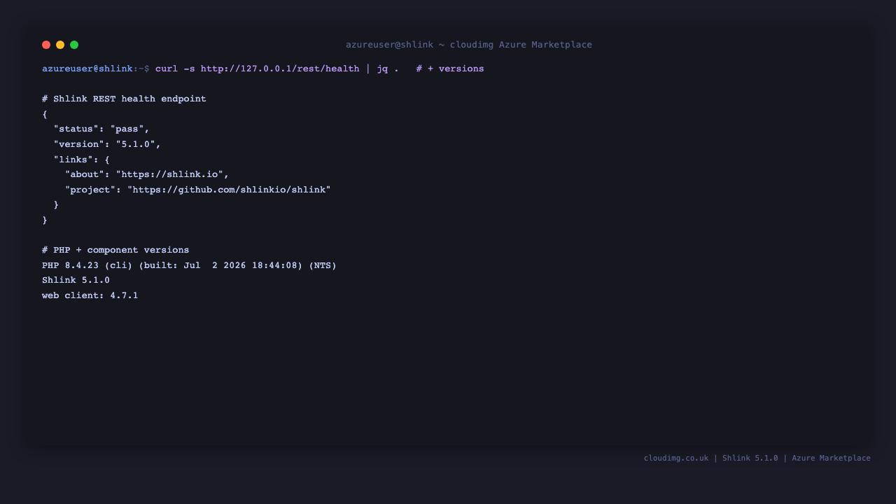 The Shlink REST health endpoint returning status pass and version 5.1.0, with PHP 8.4 and the Shlink and web client versions