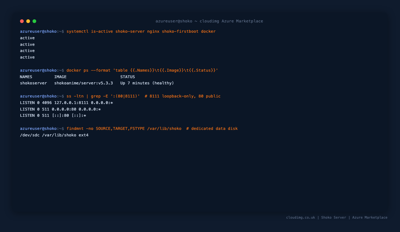 shoko-server.service and nginx.service active, the Shoko container running, the loopback and public listeners bound, and the dedicated data disk mounted