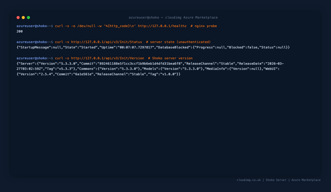 The nginx health endpoint returning ok and Shoko reporting server state Started with its version
