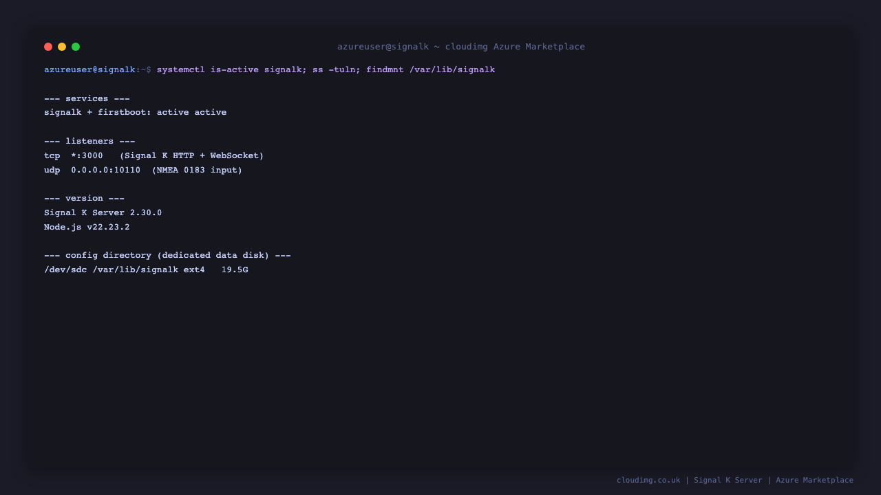 Signal K Server running as a systemd service, listening on port 3000 for the admin console and API and on port 10110 for NMEA 0183, with the configuration directory mounted on a dedicated Azure data disk