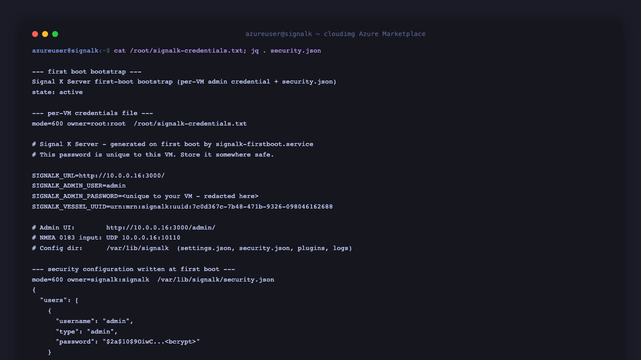 The first boot bootstrap wrote a root only credentials file and a security configuration containing a bcrypt password hash, with anonymous read access and self registration both disabled