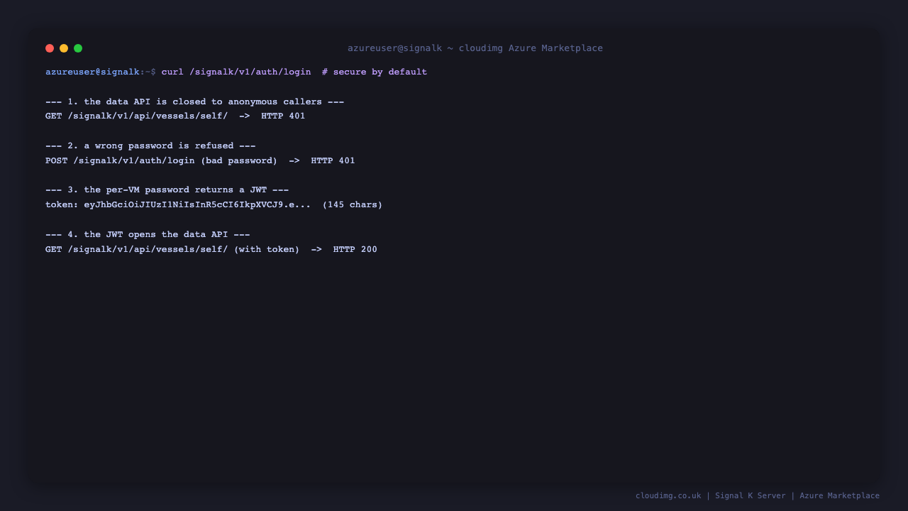 The vessel data API returns 401 to anonymous callers, refuses a wrong password, issues a JSON Web Token for the per VM password, and accepts that token