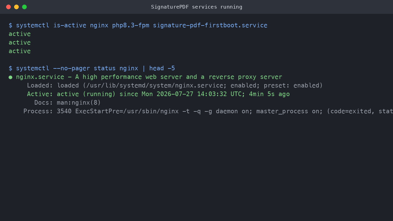 The nginx, php8.3-fpm and signature-pdf-firstboot services reported active
