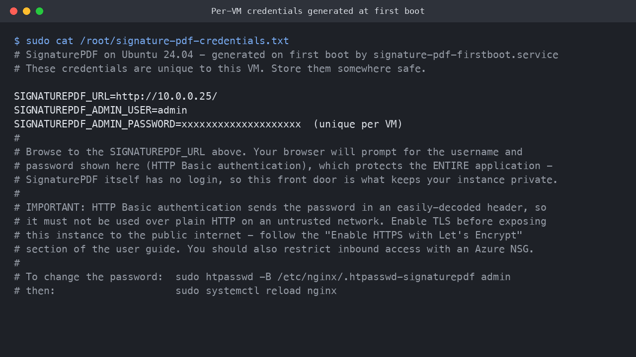 The per VM SignaturePDF credentials file, showing the admin user and the generated password