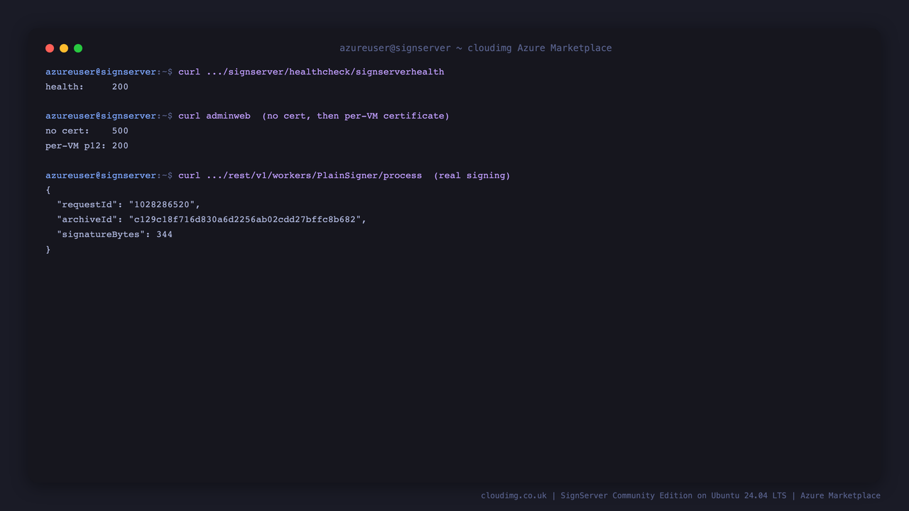The SignServer health endpoint returning 200 ALLOK, the administration console rejecting a request with no client certificate and accepting the per-VM certificate, and the sample PlainSigner returning a signature over the REST API