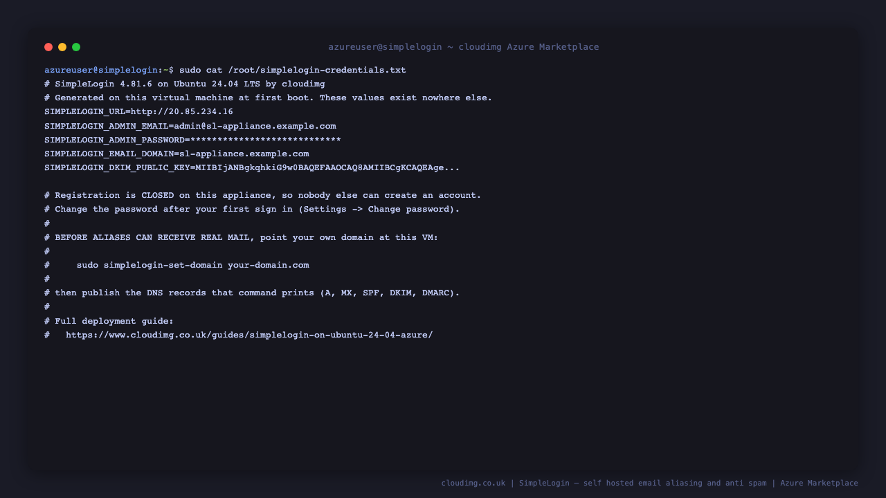 The per VM credentials file showing the appliance URL, the seeded administrator address, a masked password, the placeholder alias domain and the DKIM public key, all generated on this virtual machine at first boot