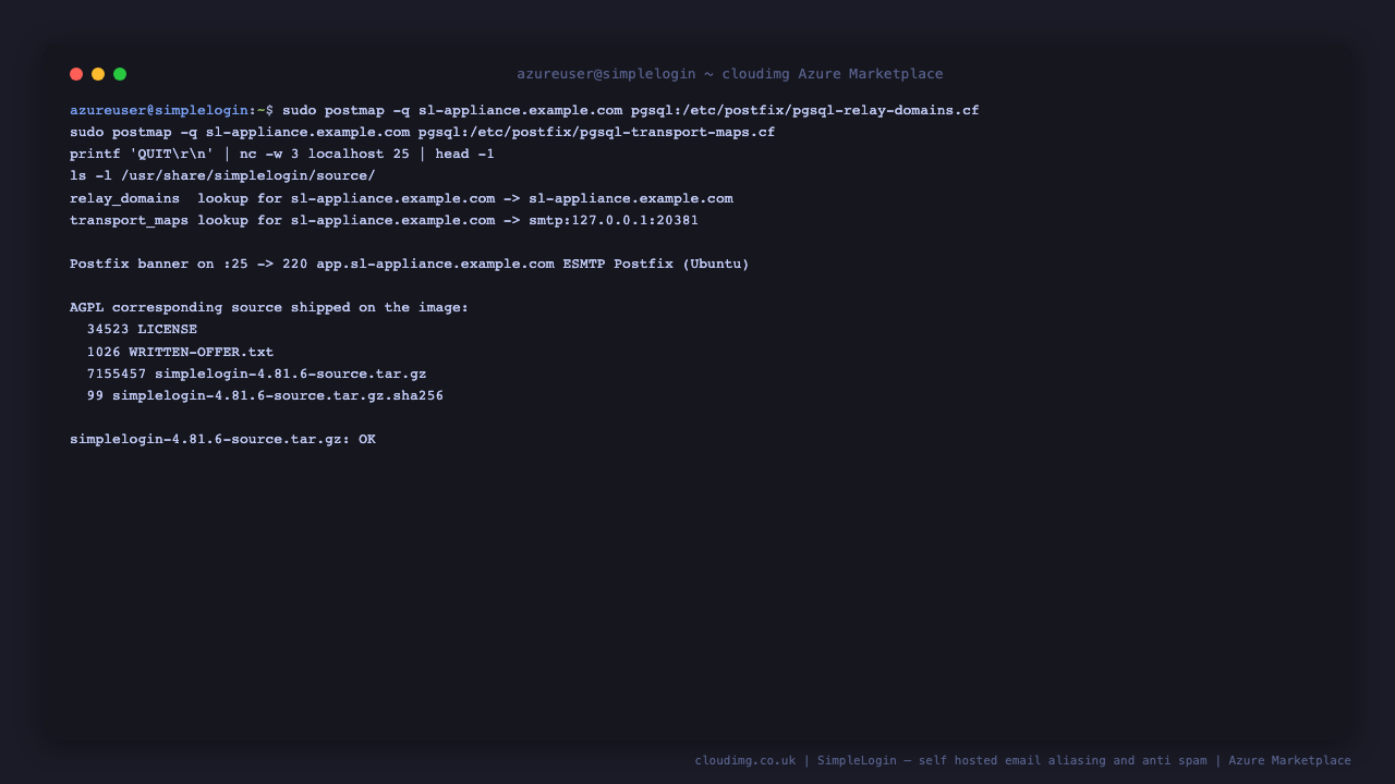 Postfix relay domain and transport map lookups resolving the alias domain to the SimpleLogin mail handler on the loopback port, the SMTP banner on port 25, and the AGPL corresponding source archive with a verified checksum