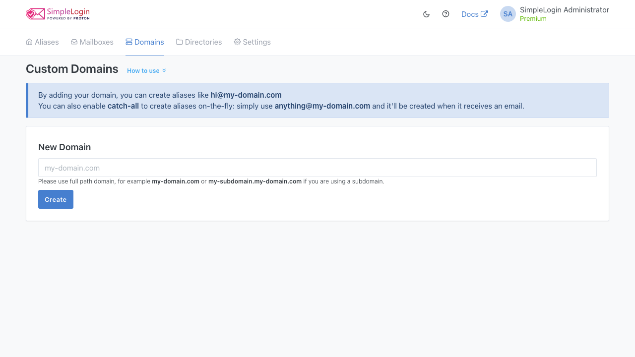 The Custom Domains page, where additional domains are added, verified and used for aliases
