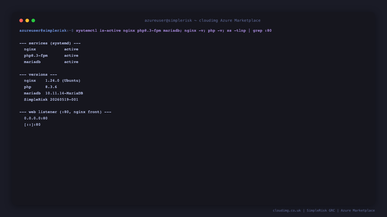 SimpleRisk services active on Ubuntu 24.04: nginx, php8.3-fpm and mariadb, with nginx listening on port 80
