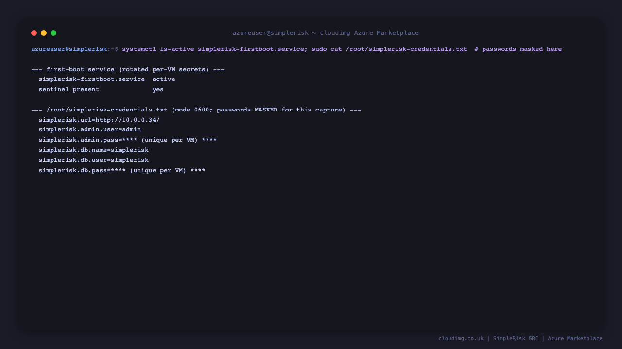 The SimpleRisk first boot service active and the per instance credentials file, with the passwords masked