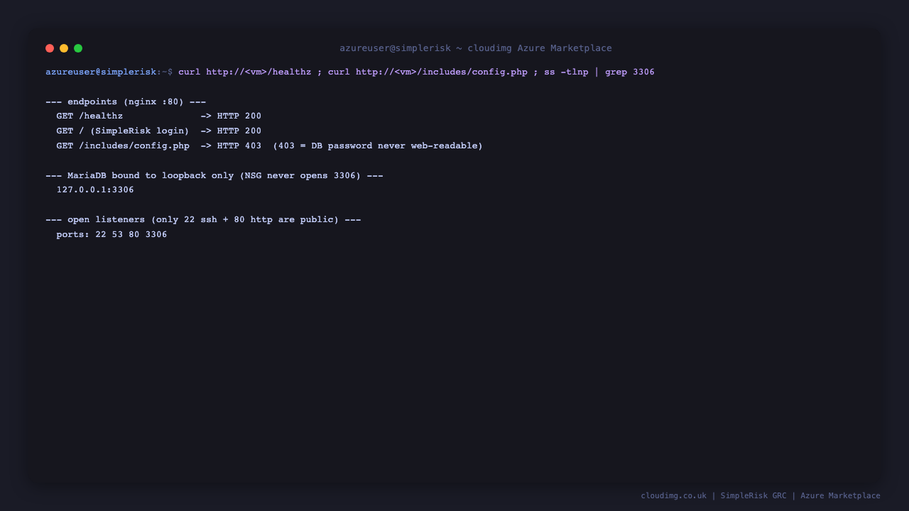 SimpleRisk endpoints and MariaDB bound to loopback only
