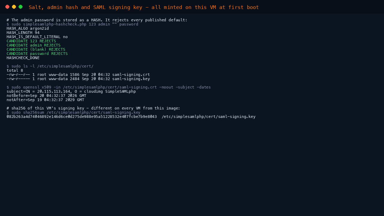Salt, admin hash and SAML signing key, all minted on this VM at first boot