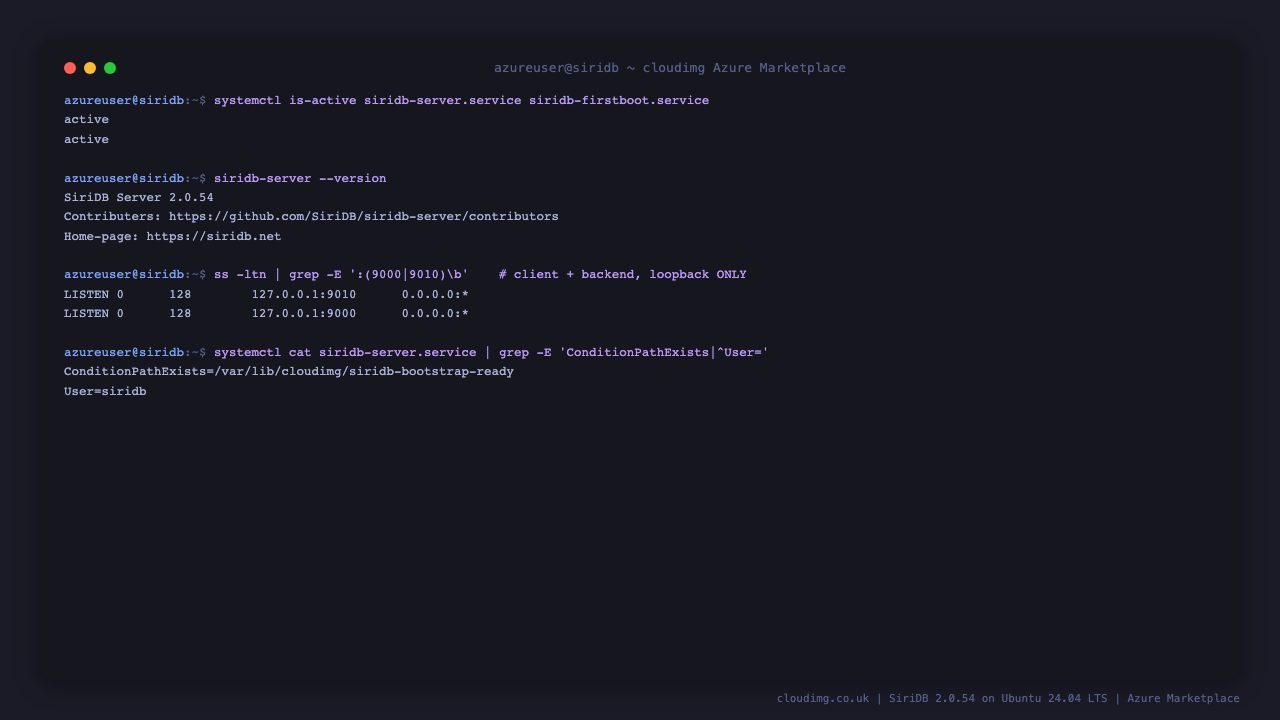 SiriDB active under systemd, reporting version 2.0.54, with the client and backend ports both bound to the loopback address only