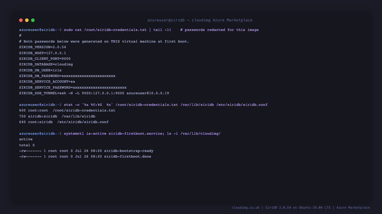 The per-VM credentials file with both passwords redacted, the file modes that keep it root-only, and the first-boot markers
