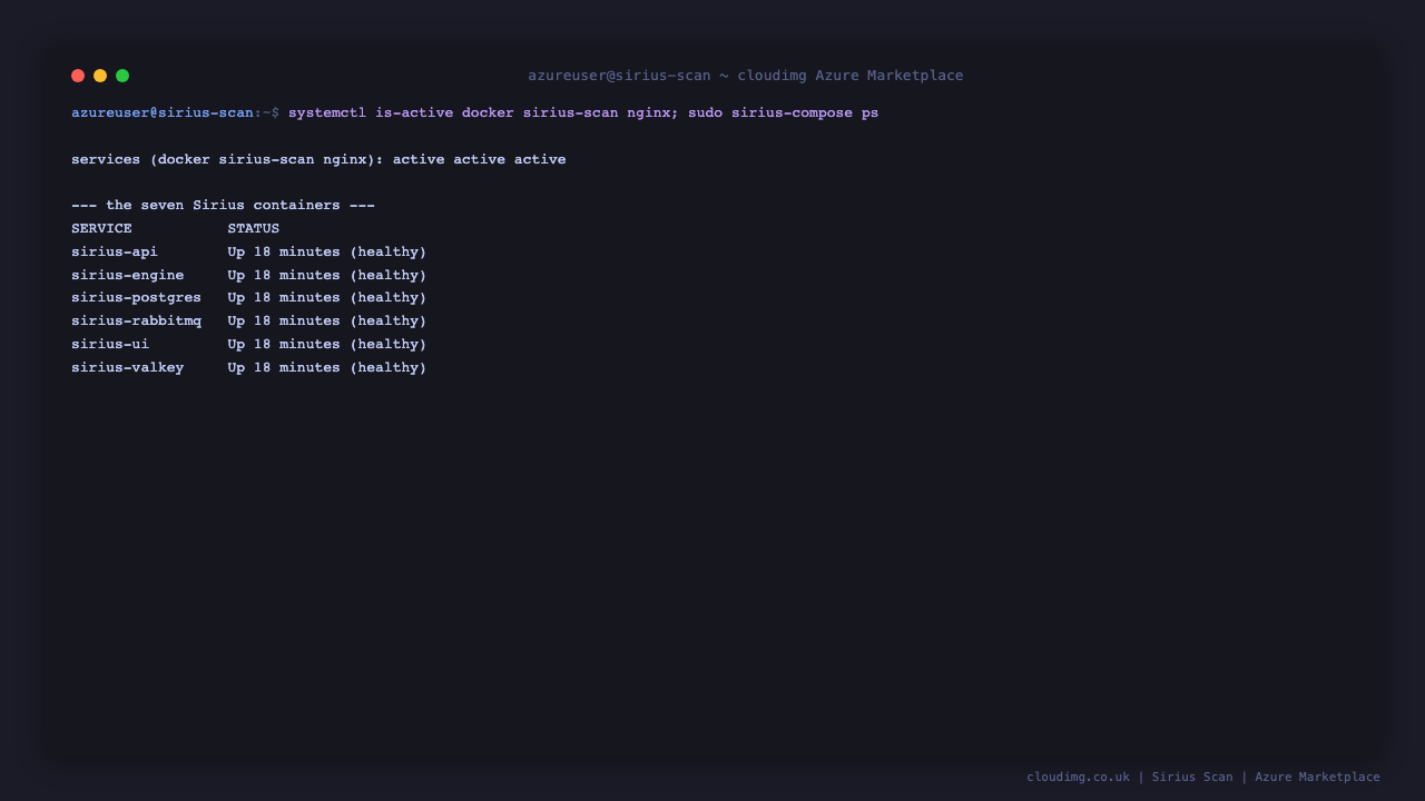 The Sirius Scan services and all seven containers reported healthy on a freshly booted VM