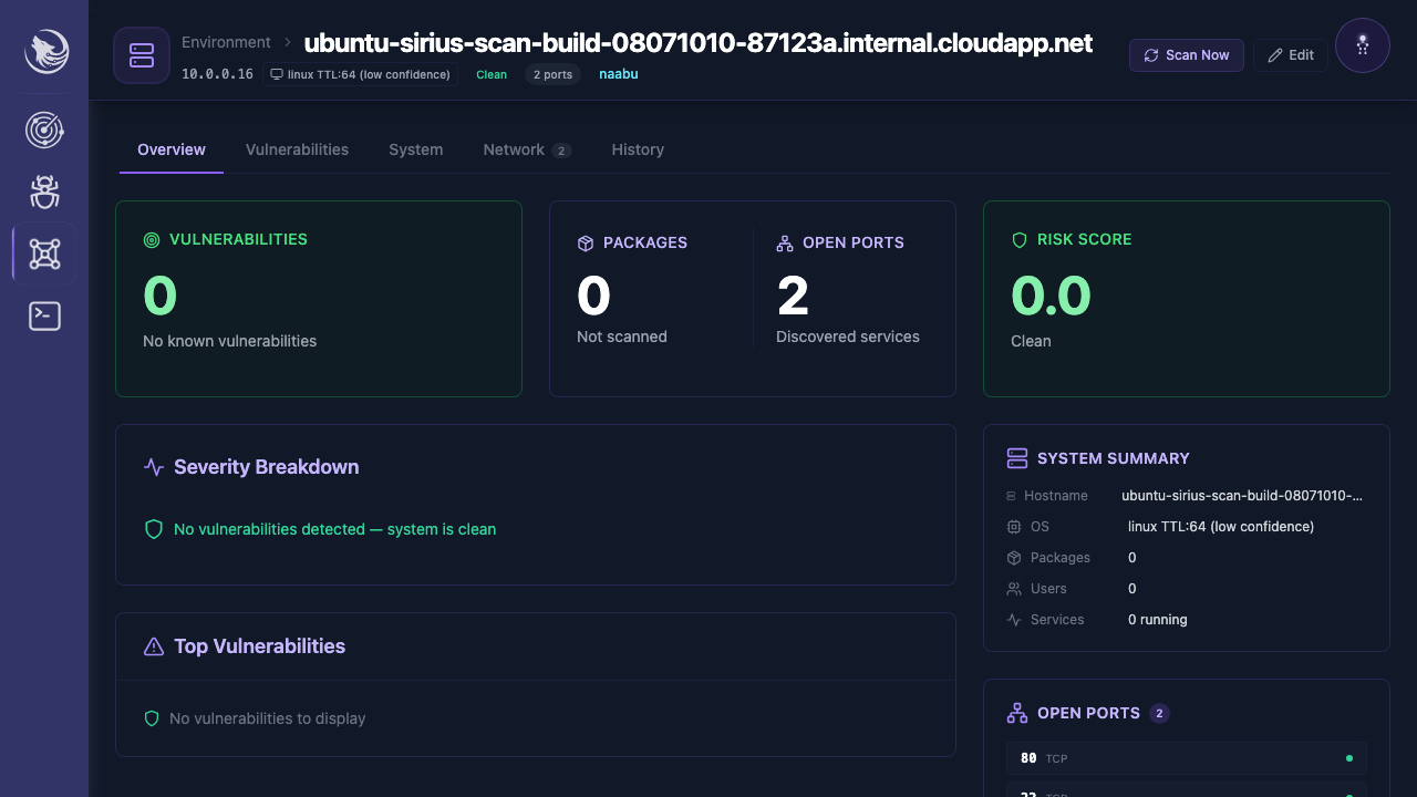 A discovered host's detail page showing its open ports, detected operating system and risk score