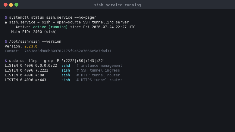 The sish service reports active running, the sish binary reports version 2.23.0, and ss shows the SSH tunnel ingress on port 2222, the HTTP router on port 80 and the HTTPS router on port 443, with the management sshd still listening on port 22