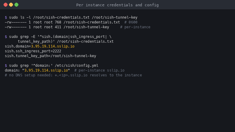 sudo ls -l showing the credentials file and the tunnel key both 0600 root only, the domain, SSH ingress port and tunnel key path from the credentials file, and the rendered config.yml domain set to the per instance sslip.io name
